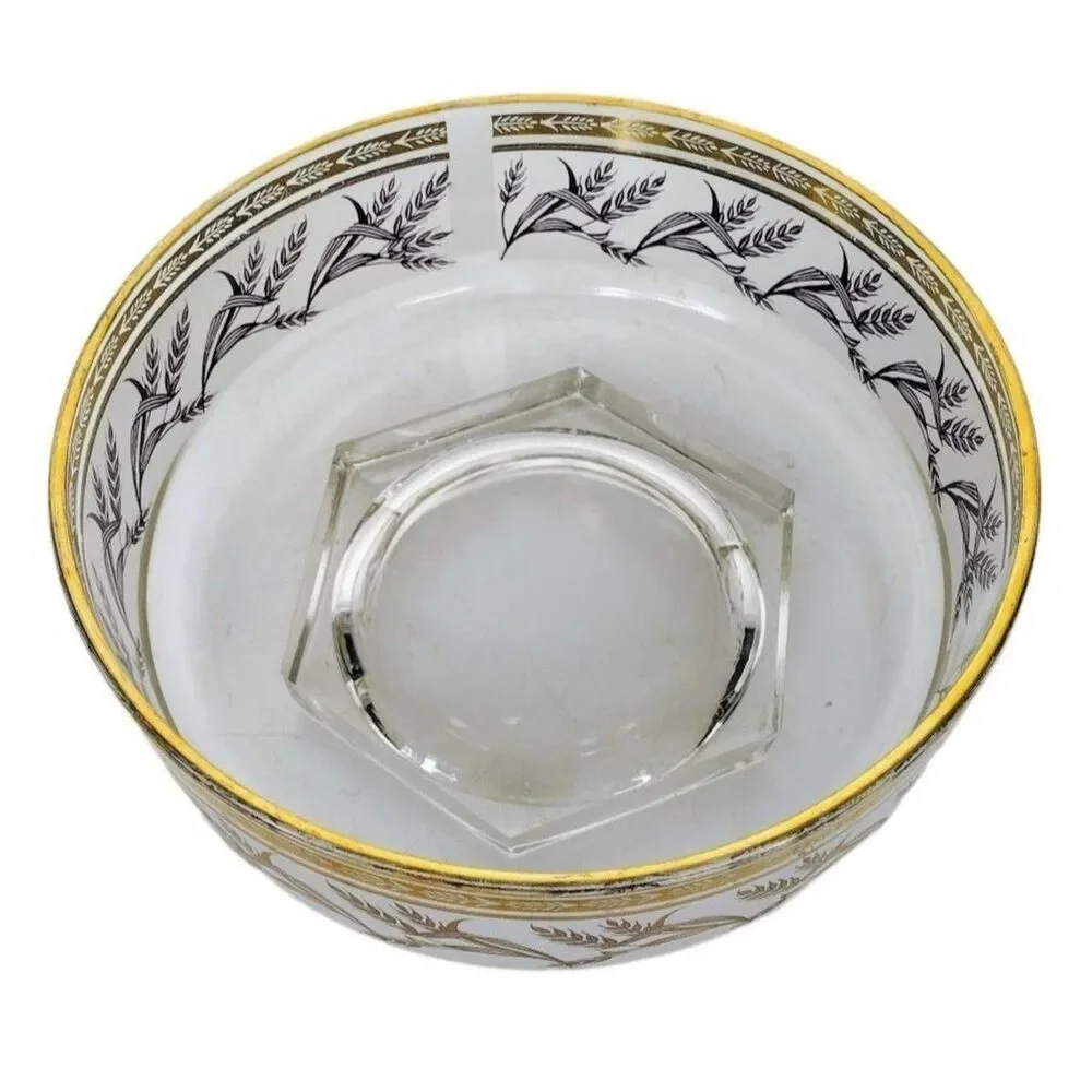 Vintage 60s MCM Gold Wheat Heavy Bottom Frosted Glass Pedestal Chip Bowl
